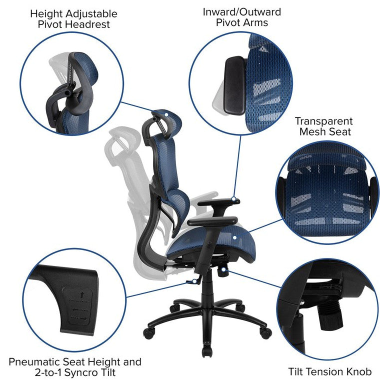 Contemporary Office Chair, Mesh Seat & Back With Adjustable Headrest, Blue