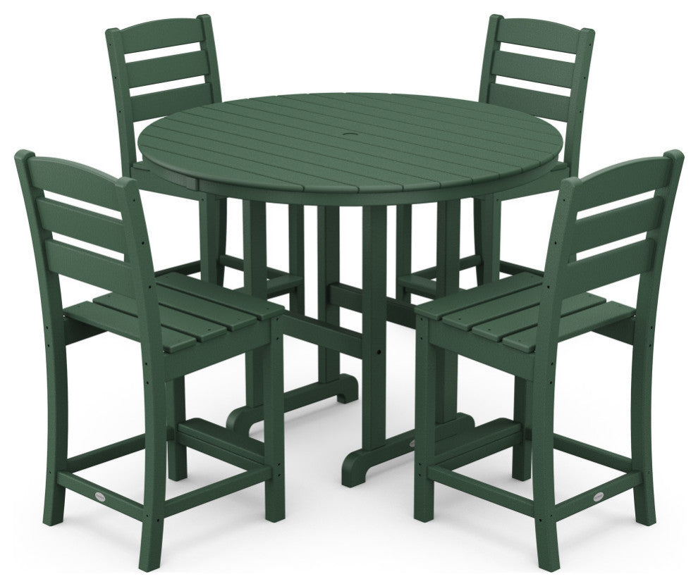 POLYWOOD Lakeside 5-Piece Farmhouse Round Side Chair Counter Set, Green