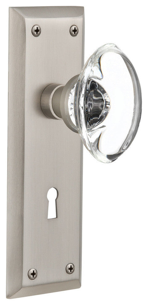 Double New York Plate With Oval Clear Crystal Knob, Satin Nickel