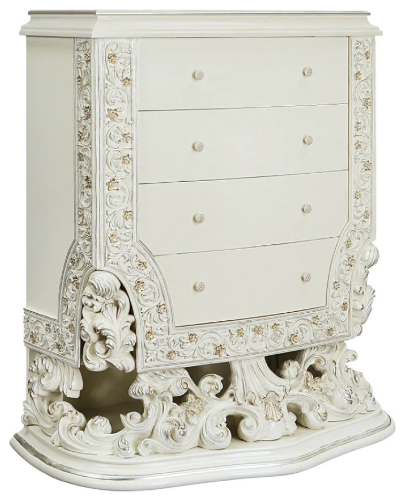 Benzara BM275673 Classic Ornate Carved Tall Dresser Chest, 4 Drawer, Wood, White