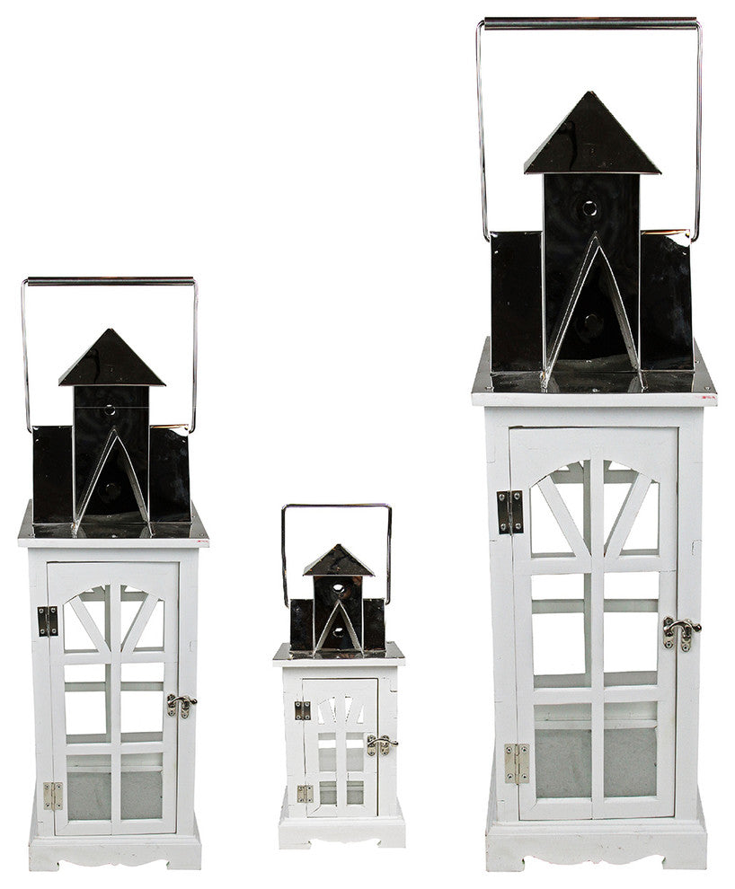 White Tall Pillar Candle Lantern With Silver Handle, Set of 3