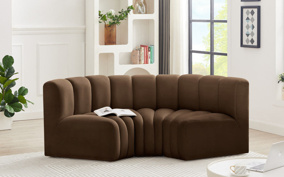 Arc Velvet Upholstered 3-Pc. Inward Curved Modular Sectional, Brown