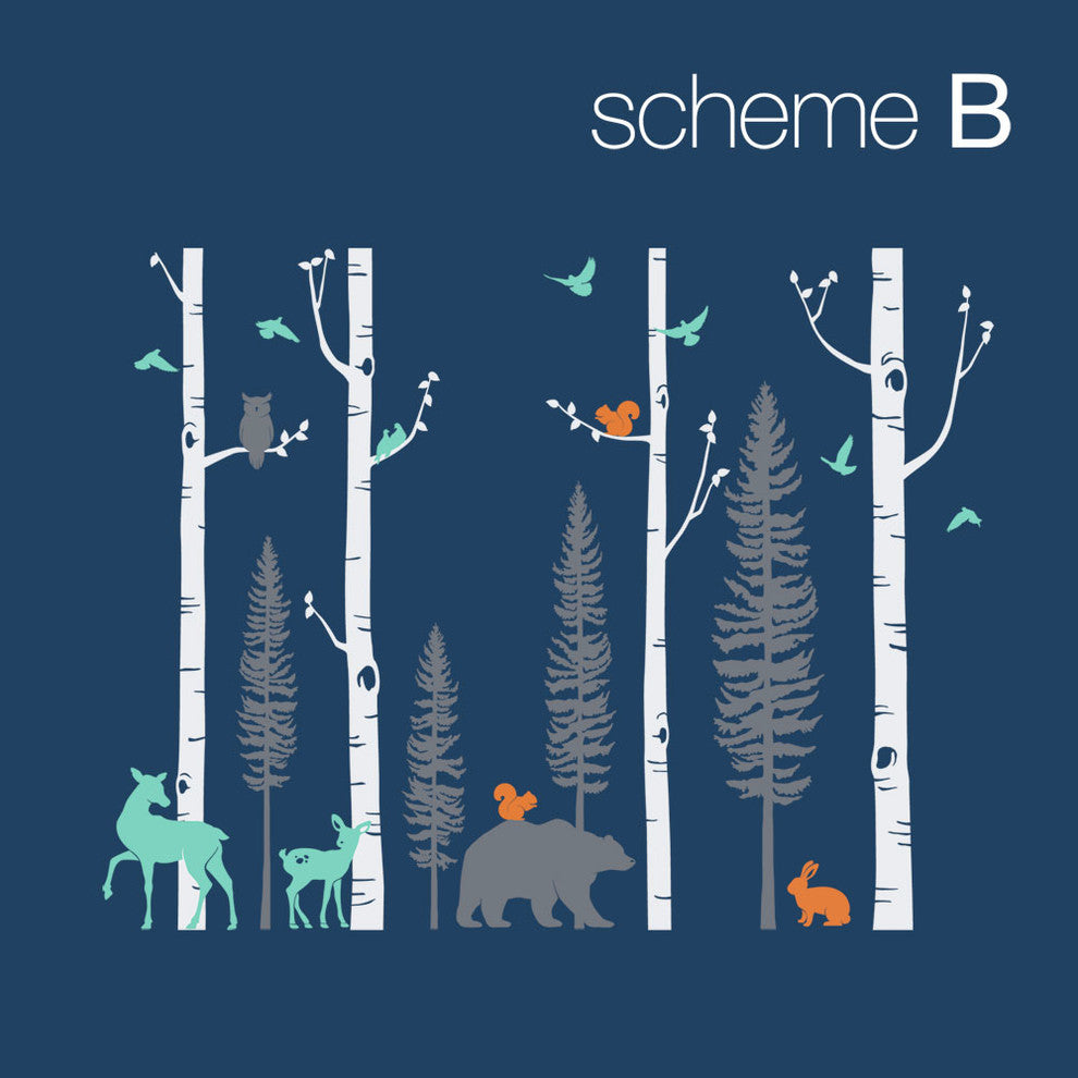 Birch Trees With Animals Wall Decal, Scheme B, 108" Tall Trees