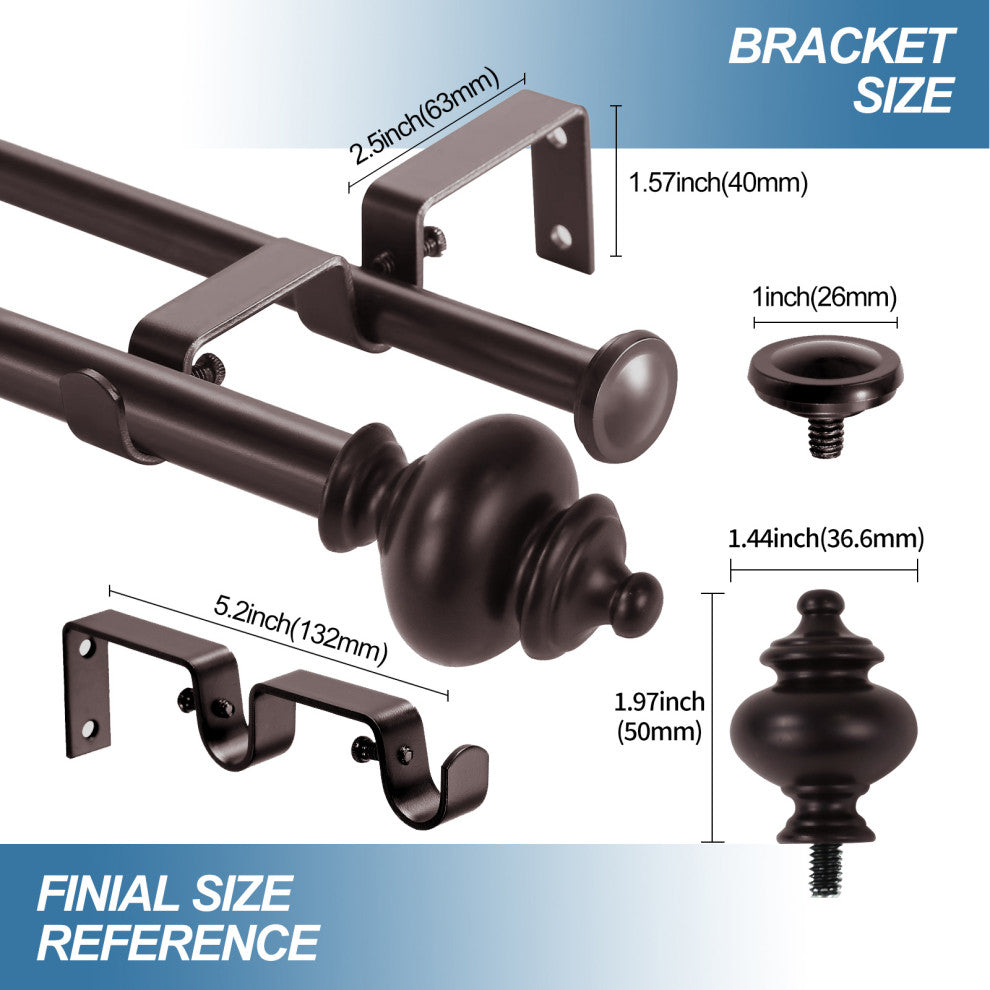 Round Urn Adjustable Double Curtain Rod Set, 5/8", Bronze, 28"-48"