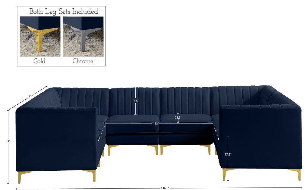 Alina Velvet Modular U-Shaped Sectional, Navy, 8-Piece: 4 Armless Chair, 4 Corner Chair