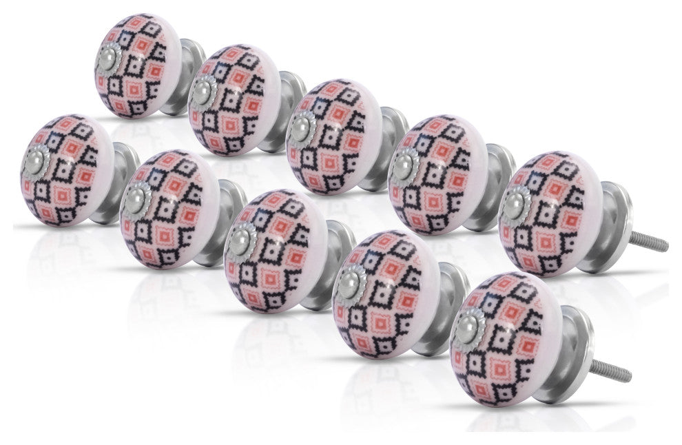 Mascot Hardware White Ceramic Knob with Pink and Black Geometric Pattern - PK 10