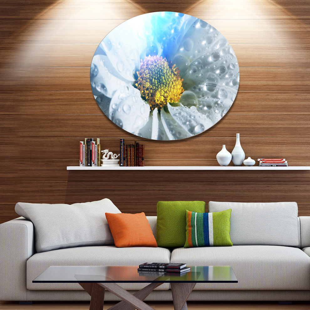White Flower With Raindrops, Modern Flower Round Wall Art, 23"