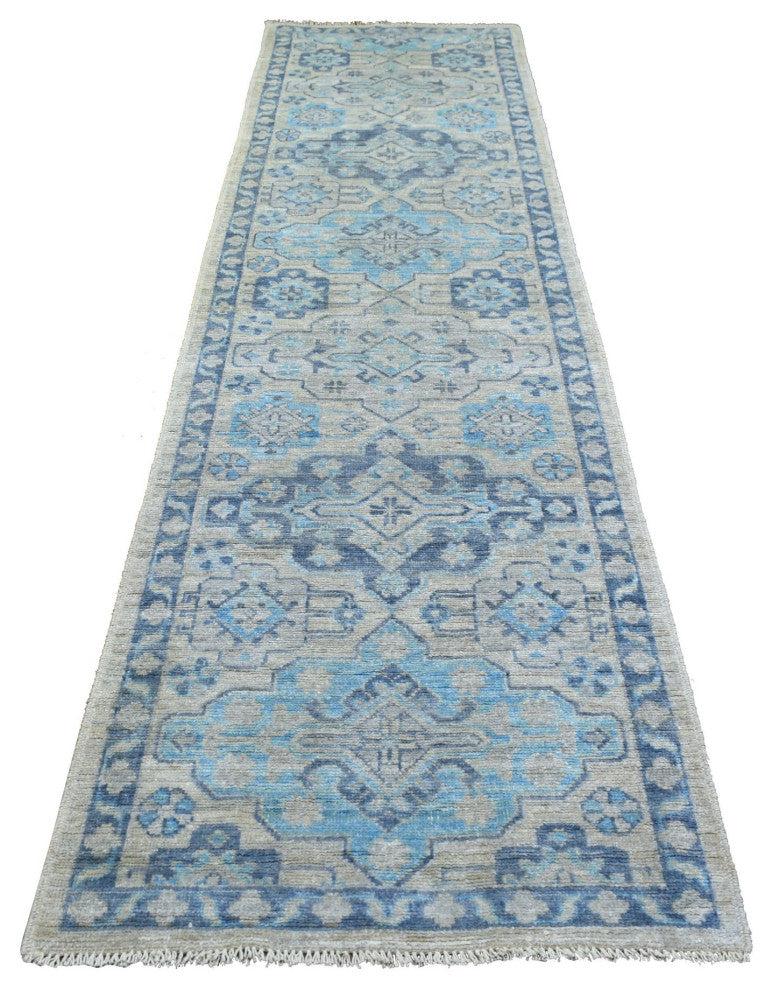 Gray Hand Knotted Afghan Angora Oushak Wool Wide Runner Rug, 4'0" x 11'9"