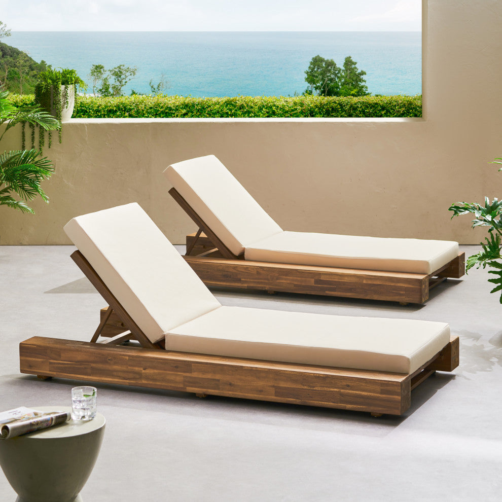 Ursula Outdoor Acacia Wood Chaise Lounge and Cushion Set, Set of 2, Cream