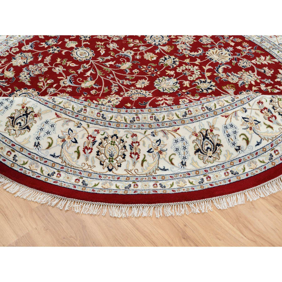 Cherry Red, Hand Knotted Nain, 250 KPSI Wool and Silk Round Rug, 9'1"x9'1"