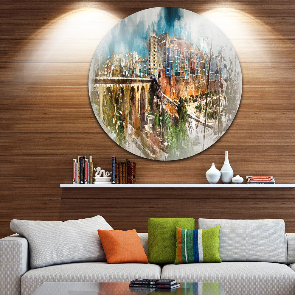 Villajoyosa Town Digital Panorama, Cityscape Disc Metal Wall Art, 11"