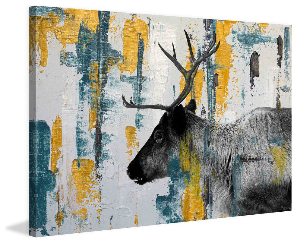"Teal Yellow Reindeer" Painting Print on Wrapped Canvas, 18"x12"
