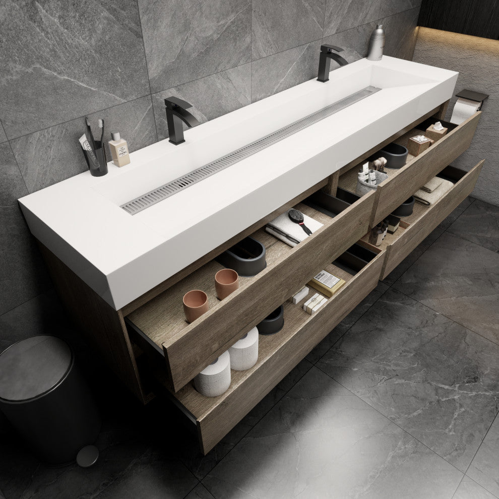MAX 84" Double Floating Bath Vanity With Acrylic Sink, Coffee Wood, Gray Oak