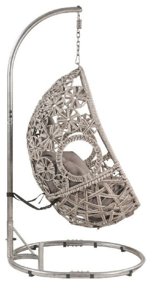 Benzara BM269031 Patio Hanging Chair With Open Circular Motifs, Gray