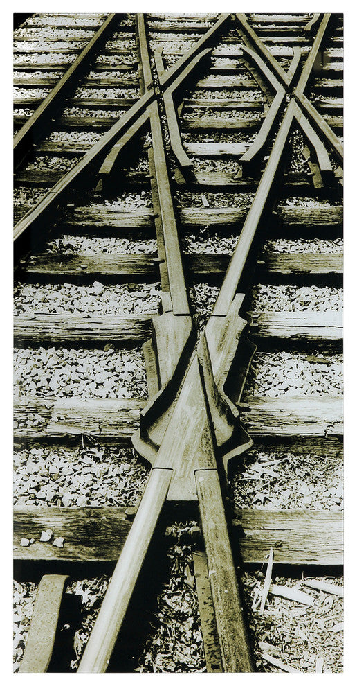 "Crossroads" Train Tracks Wall Art Frameless Free Floating Tempered Glass 72"x36