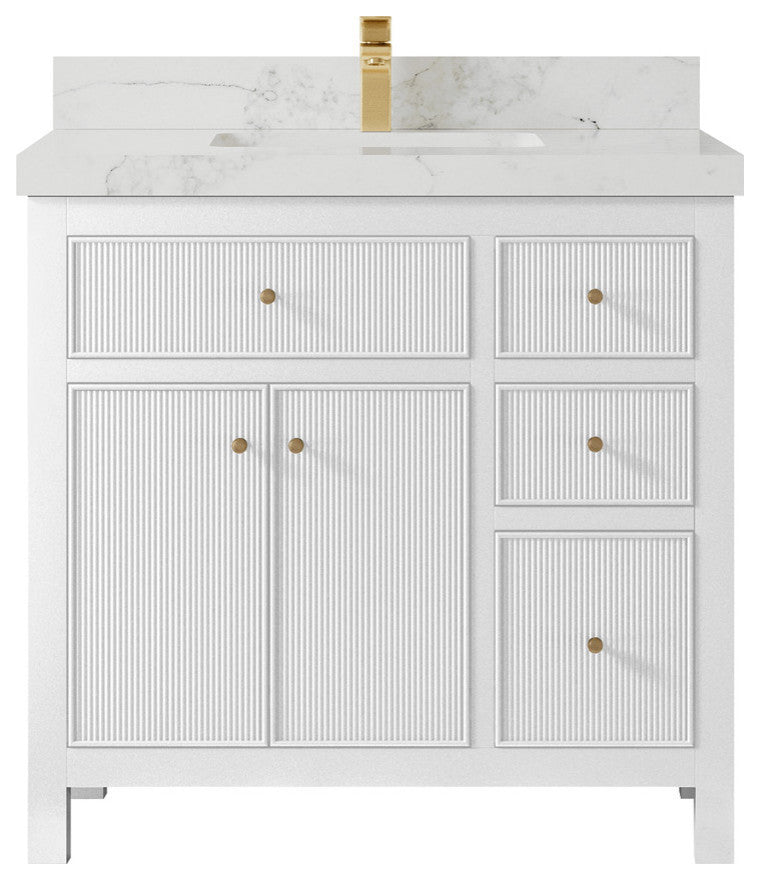 Sonoma 36 Center Sink Reeded Bath Vanity in White 2" Calacatta Nuvo