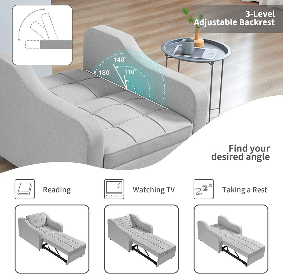 Homrest Sleeper Sofa Bed 3-in-1 Convertible Chair, Light Gray