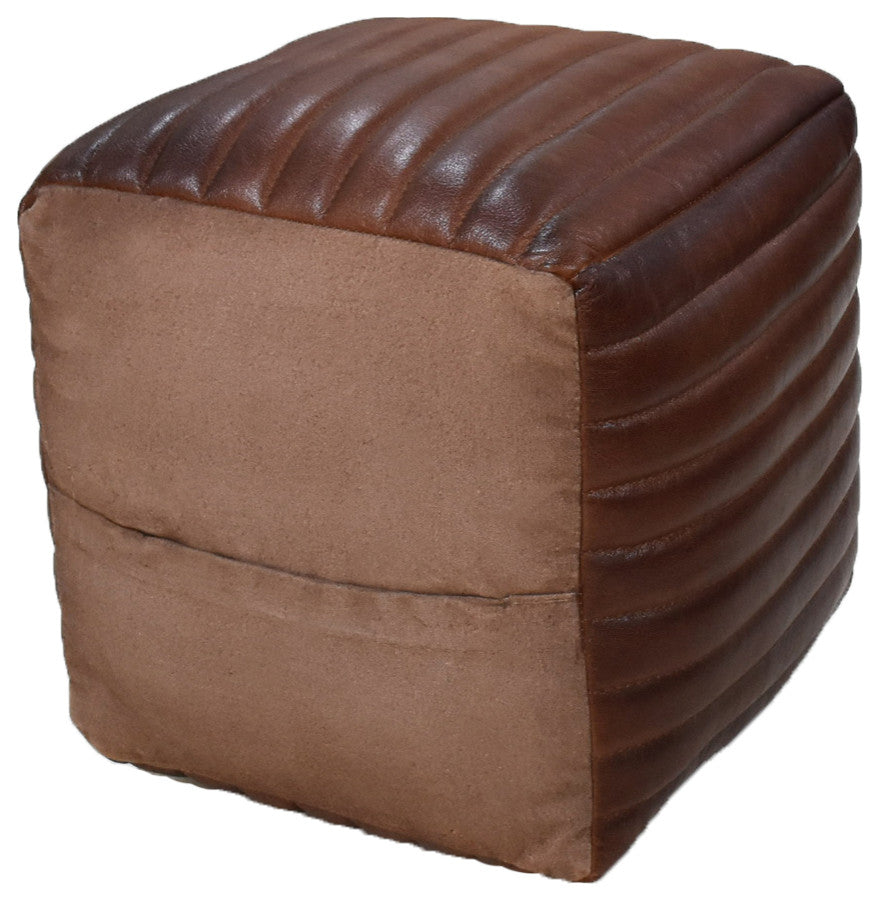 Poufs-Solid Handmade Goat Leather Pouf, Recycled Cotton Fill, Brown, Square [16x16x16]