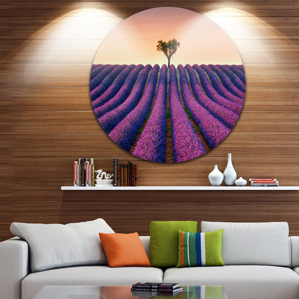 Lavender And Lonely Tree Uphill, Landscape Disc Metal Wall Art, 23"