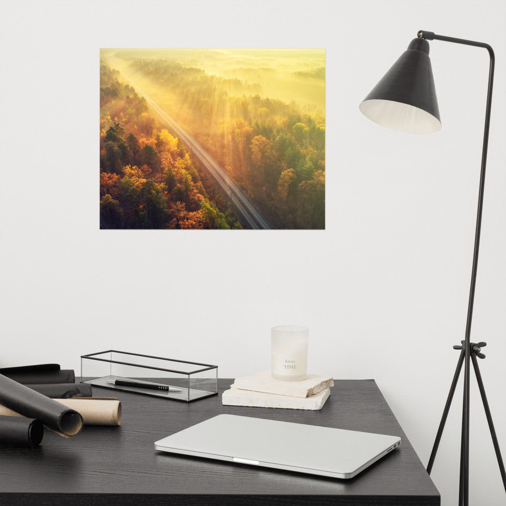 Sunrise Railroad Though Misty Forest Landscape Photo Loose Wall Art Prints, 16" X 20"