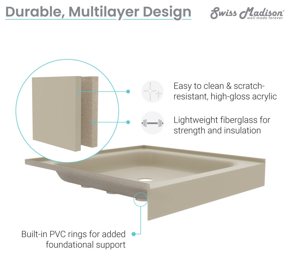 Voltaire 48"x36" Acrylic White, Single-Threshold, Center Drain, Shower Base, 60"