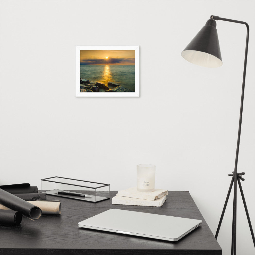 Sun Ray on the Water Coastal Landscape Framed Photo Paper Wall Art Print, White, 8" X 10"