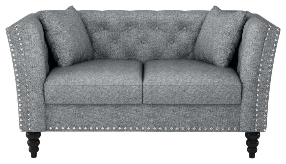 62.2" Chesterfield Loveseat- Tuxedo Arm Velvet Upholstery, Light Gray