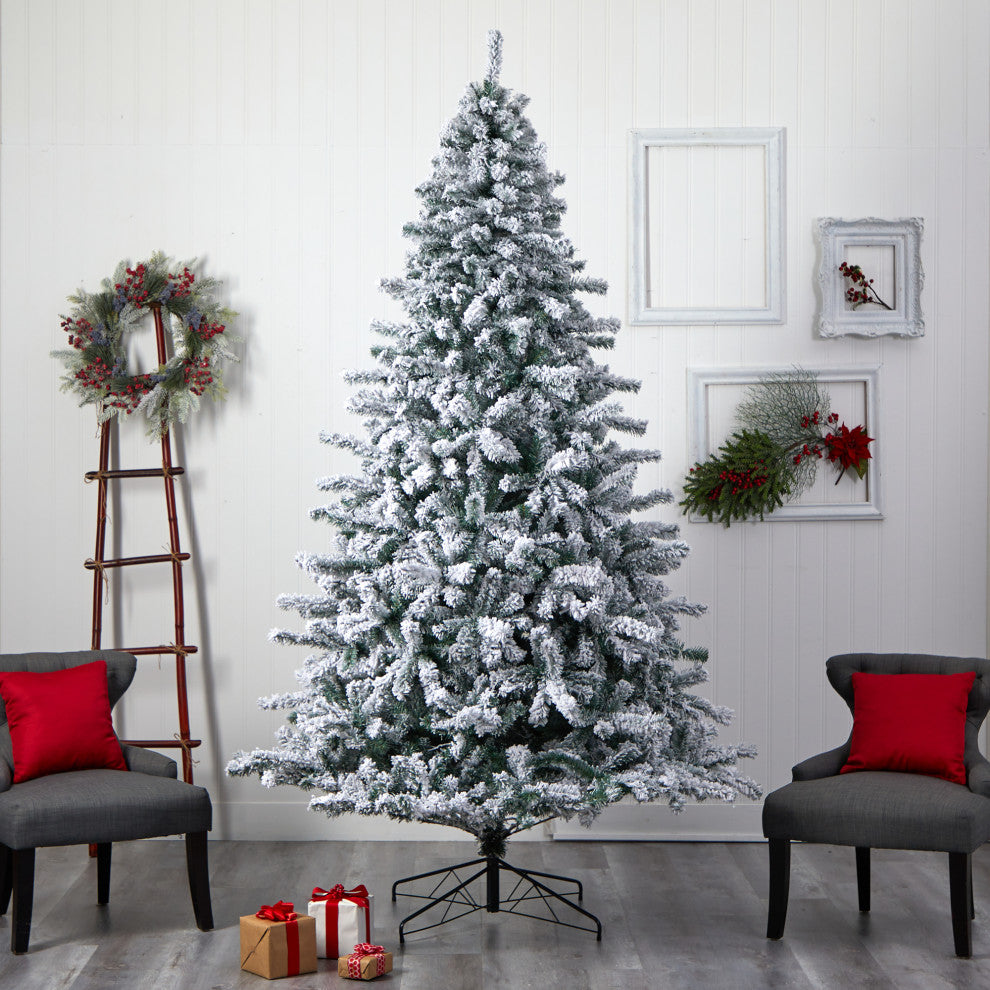 9' Flocked Rock Springs Spruce Xmas Tree W/ 650 LED Lights & Bendable Branches