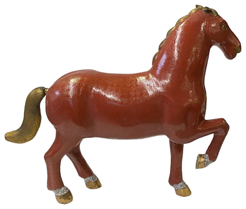 Vintage Chinese Metal Brick Red Golden Tail Fengshui Horse Figure Hws3278
