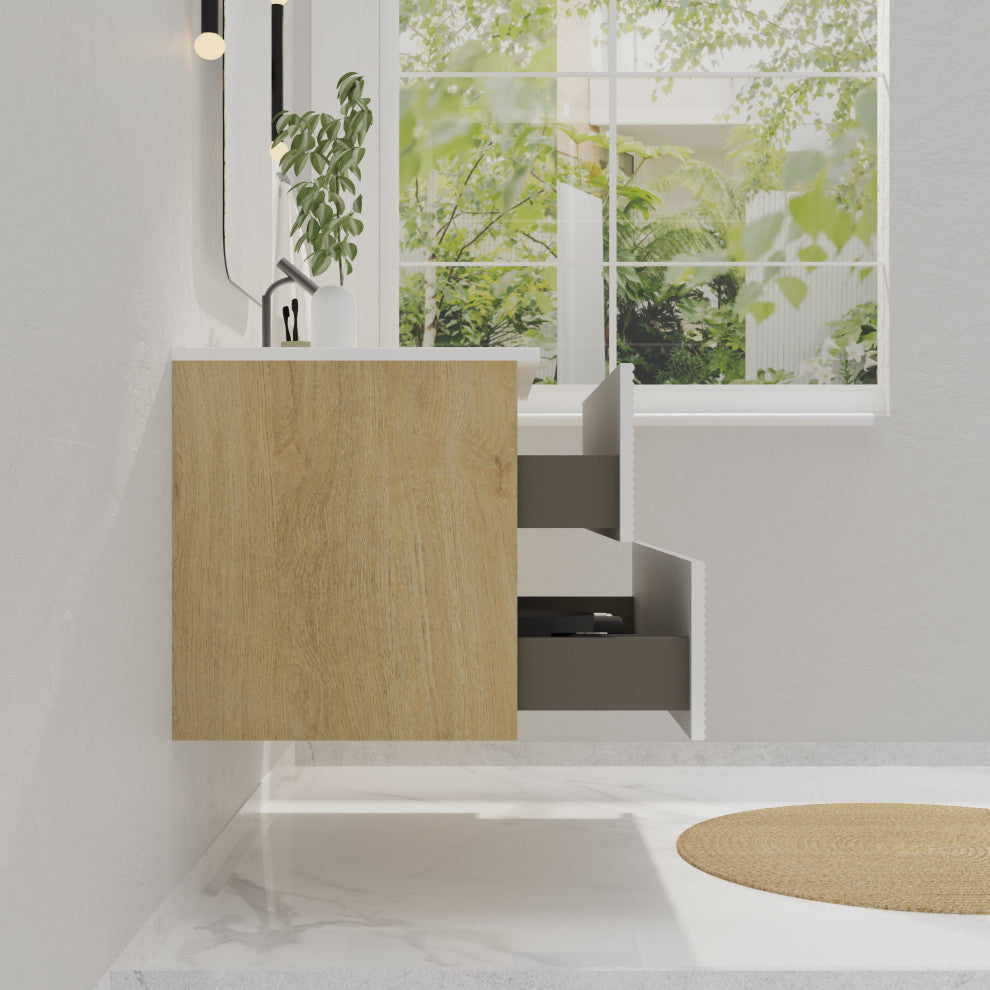 Wall-Mounted Bathroom Vanity Set with Integrated Ceramic Sink, White, 24"