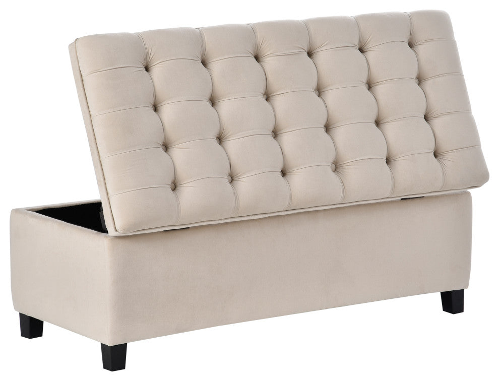 Storage Bench with Flip Button Tufted Top and Sleek Legs, Beige