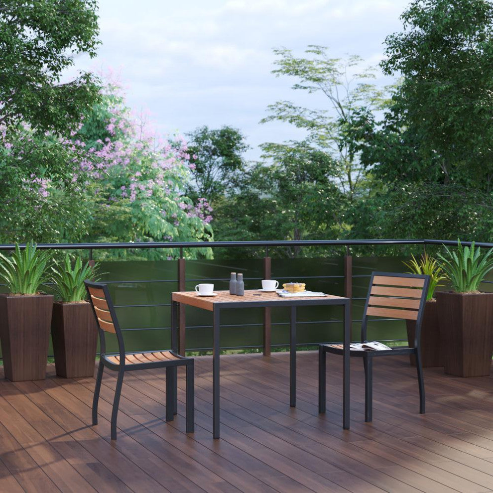 Lark 3 Pc Patio Table Set, 35" Square Table with 2 Stackable Faux Teak Chairs