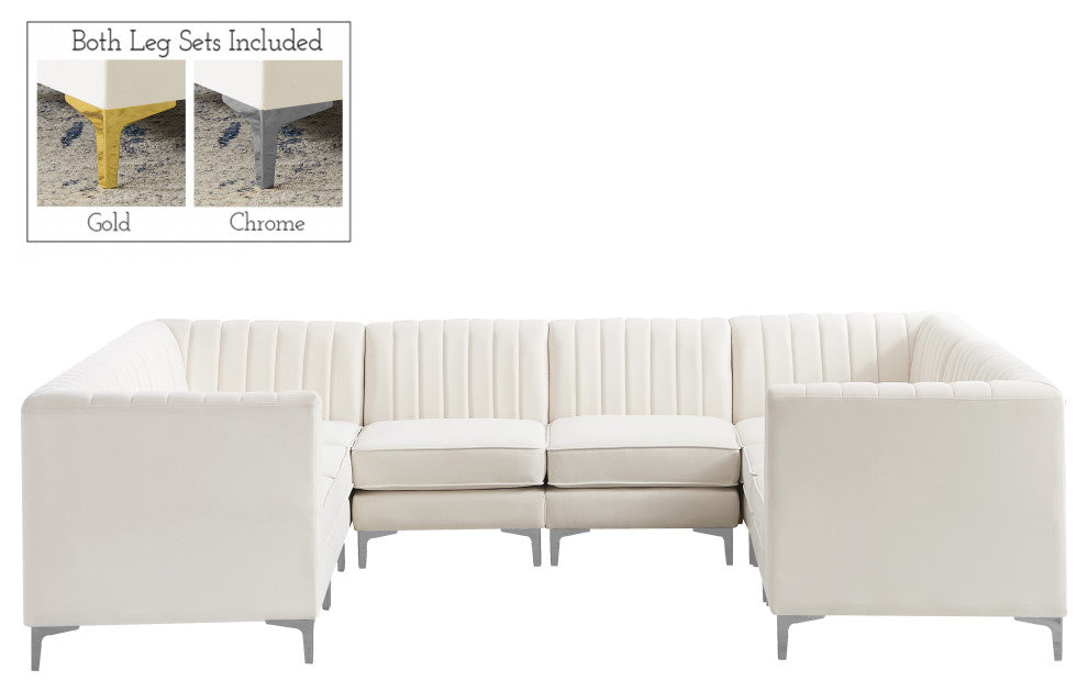 Alina Velvet Modular U-Shaped Sectional, Cream, 8-Piece: 4 Armless Chair, 4 Corner Chair