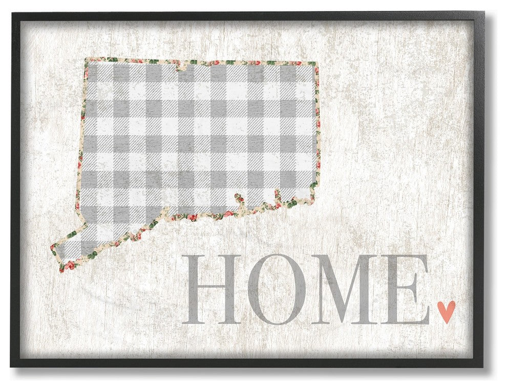 Connecticut Gray Gingham & Floral Heart & Home Framed Giclee Art, 11"x14"