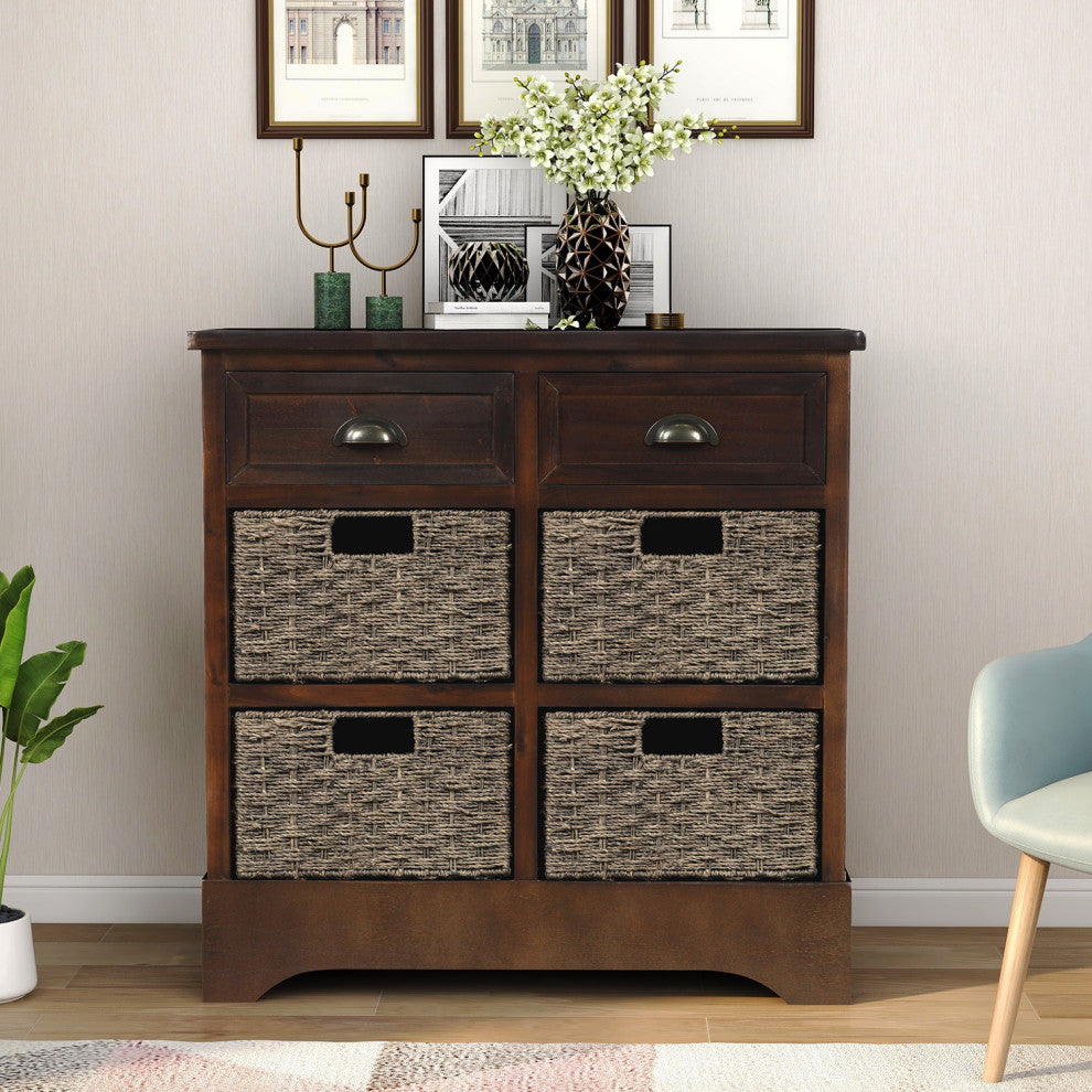 28" Wood 2 Drawers Storage Cabinet with 4 Rattan Basket, Espresso, 28" Tall
