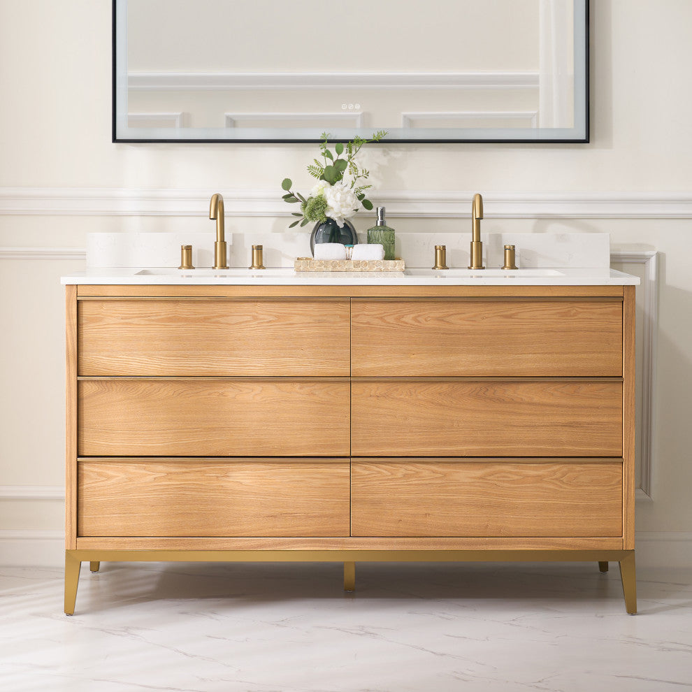 Nolan Freestanding Bathroom Vanity with Quartz Top, Light Oak, 60"