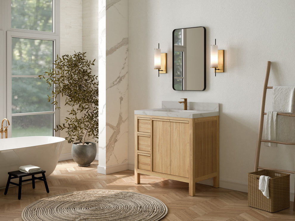 Elizabeth 36 Center Sink Bath Vanity in Light Natural Teak 2" White Quartz