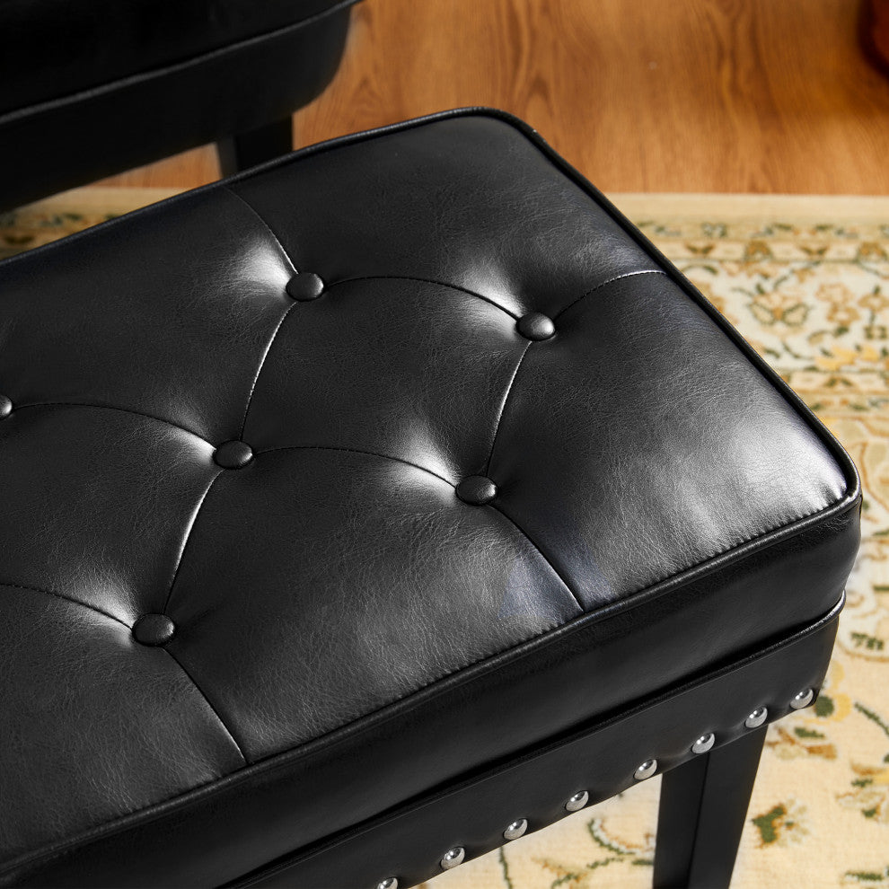 Set of 2 Leatherette Button-Tufted Accent Stool, Black