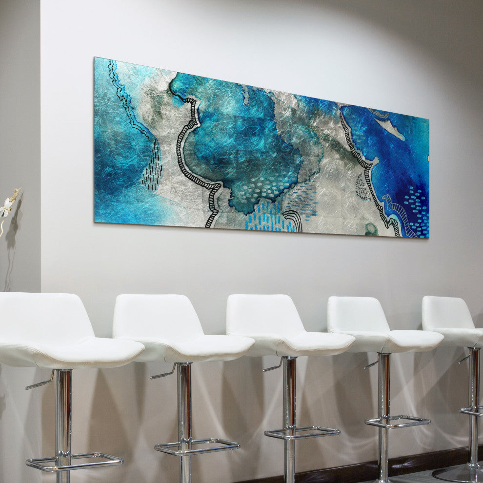 "Subtle Blues B" Abstract Wall Art Reverse Print Tempered Glass With Silver Leaf