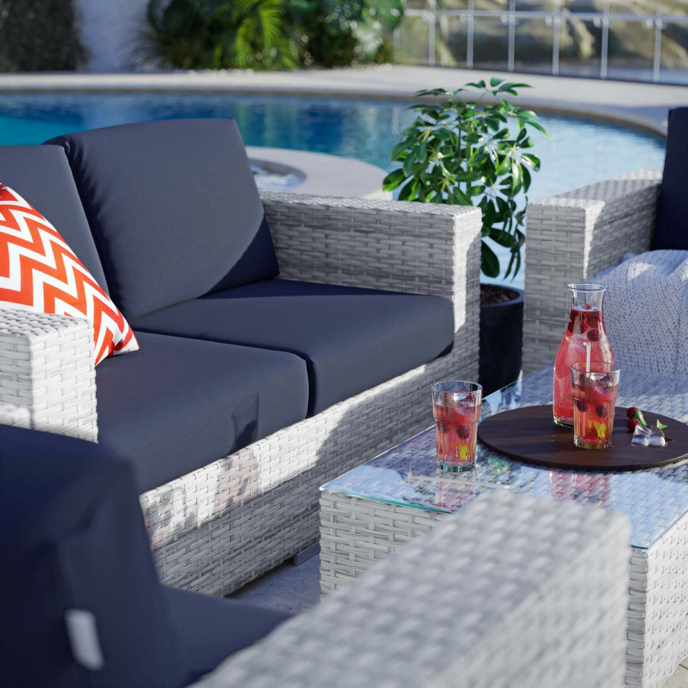 Lounge Sectional Sofa Chair Set, Rattan, Wicker, Gray Blue Navy, Outdoor