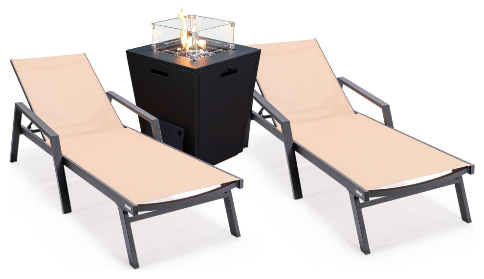 LeisureMod Marlin Chaise Lounge Chair With Arms and Fire Pit Table, Light Brown