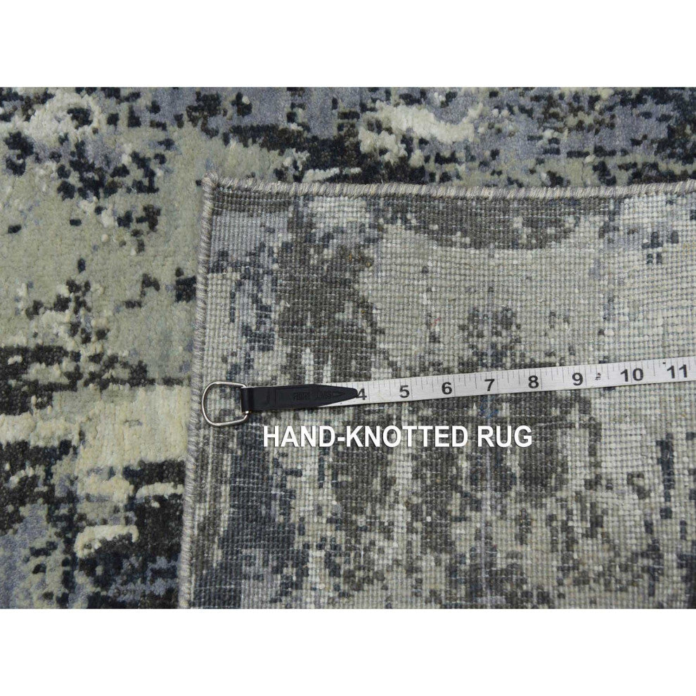 Gray Abstract Design, Wool and Silk, Hand Knotted Runner Rug, 2'6"x8'3"