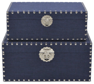 Linen Studded Keepsake Boxes, Navy, Set of 2