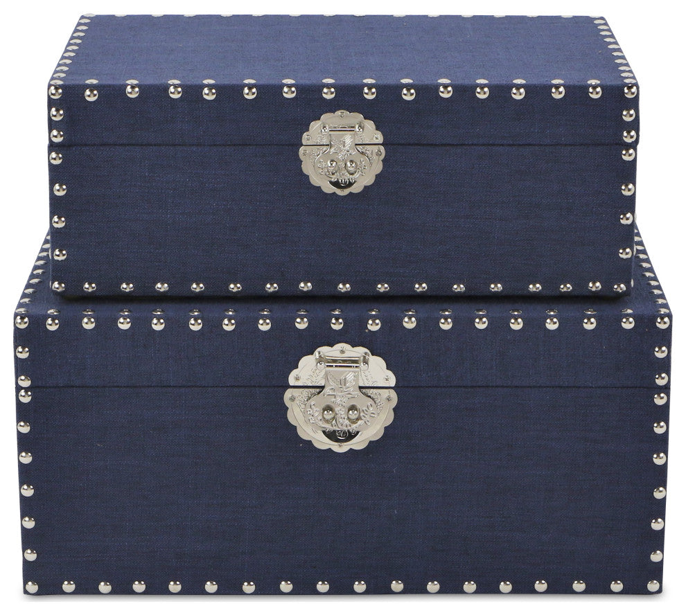 Linen Studded Keepsake Boxes, Navy, Set of 2