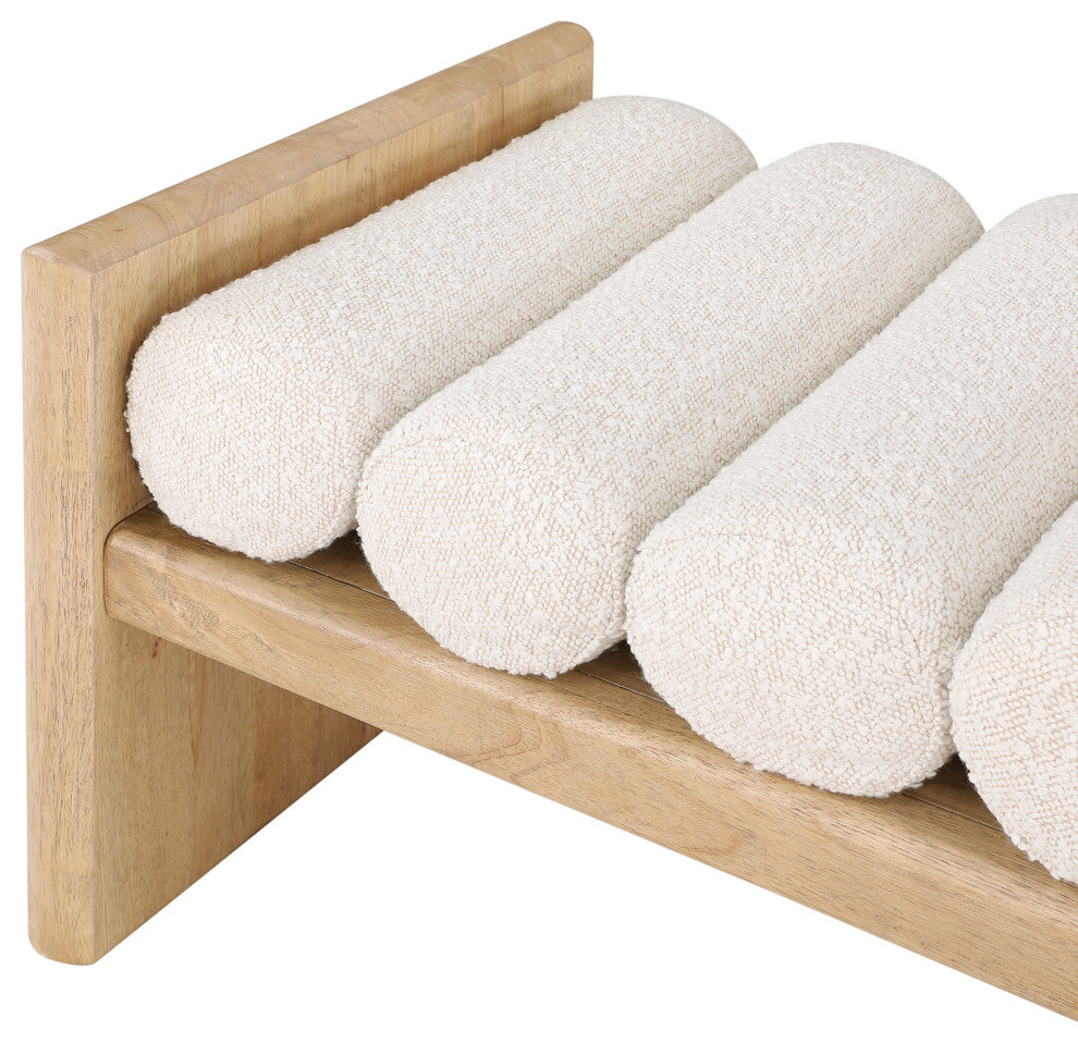 Waverly Boucle Fabric Upholstered Bench, Cream, 52" Wide, Natural Finish