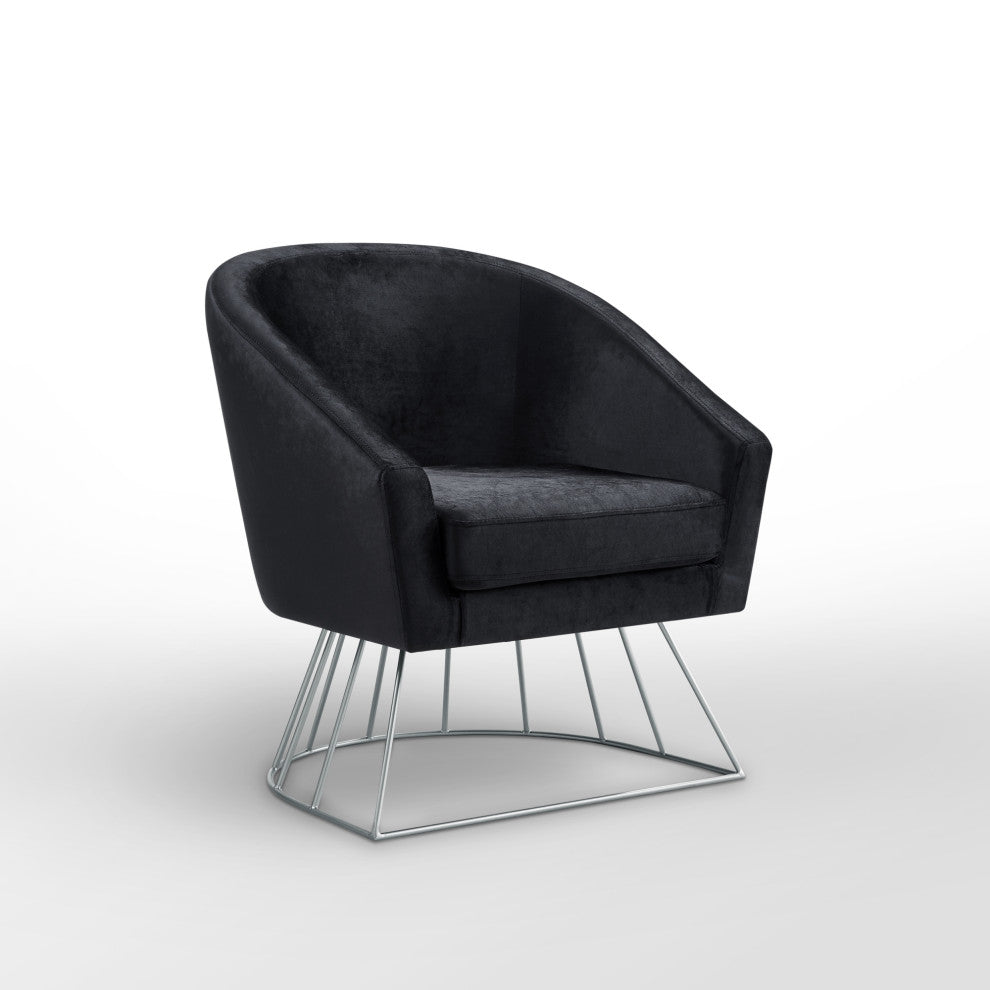 Alice Velvet Barrel Accent Chair With Metal Base, Black and Silver