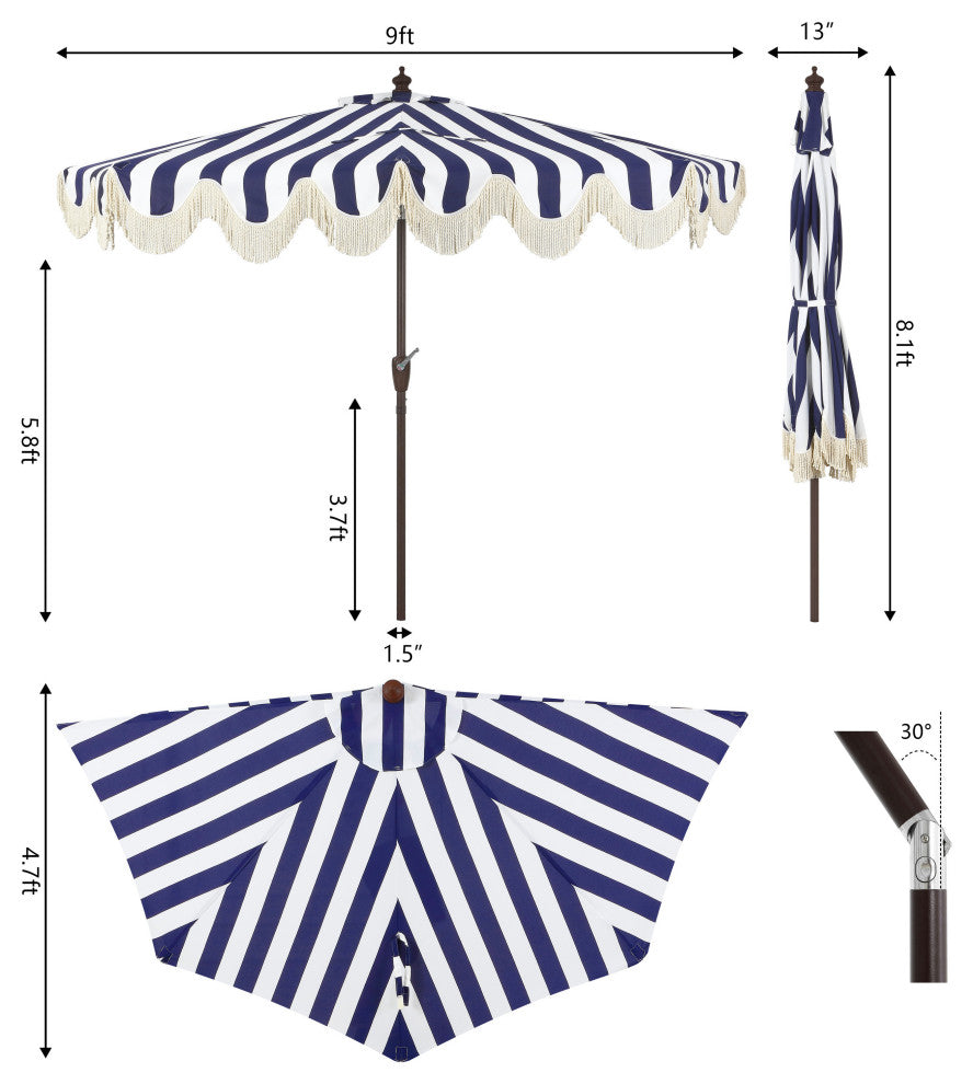 9ft Half Market Umbrella, Scalloped Fringe, Crank, Button Tilt, UV Protection