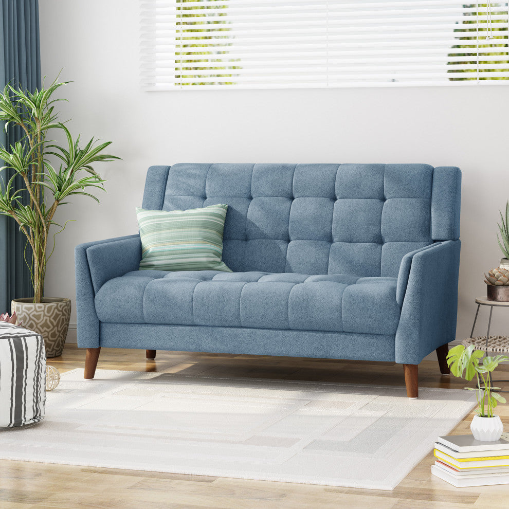GDF Studio Evelyn Mid Century Modern Fabric Loveseat, Blue/Walnut