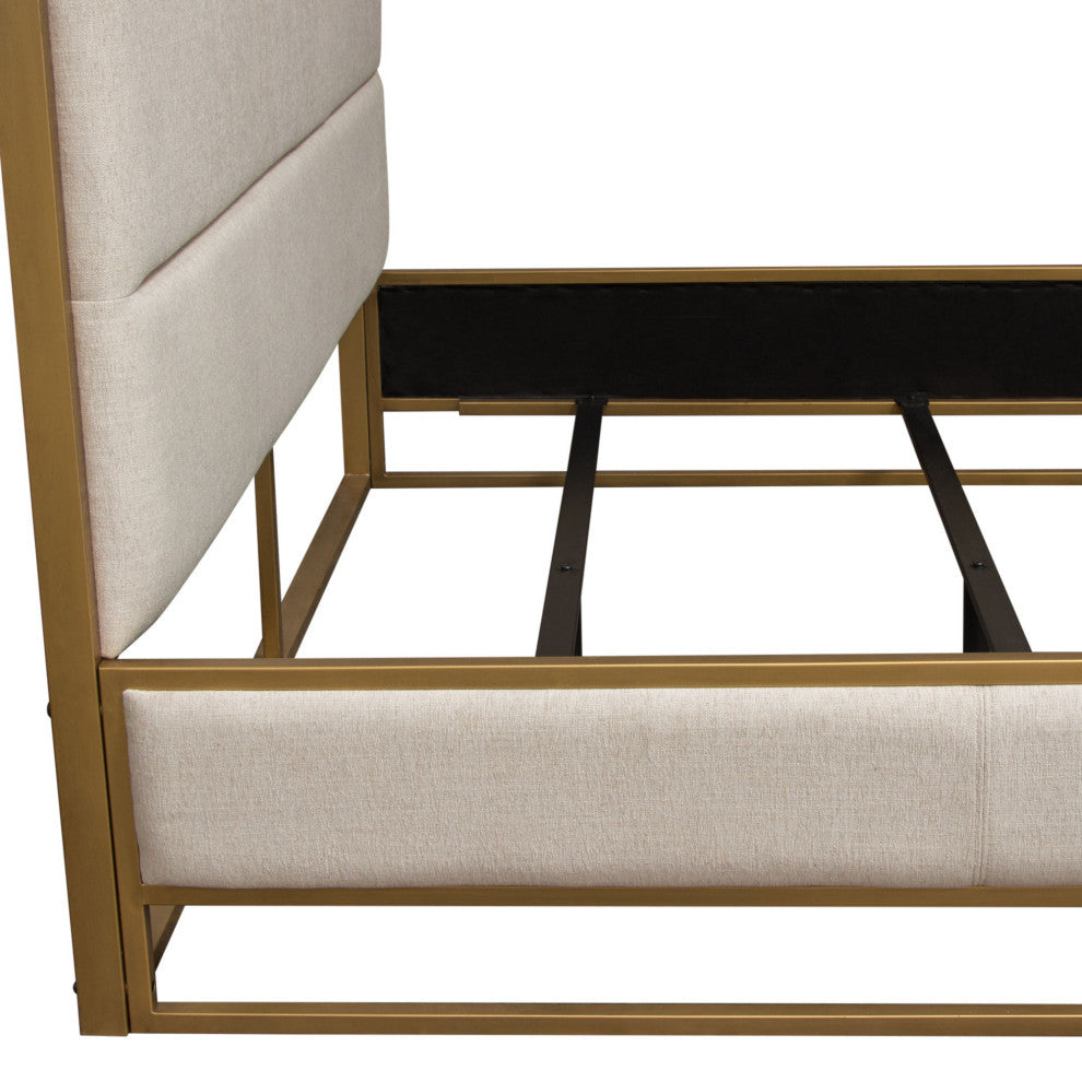 Empire Eastern King Bed, Sand Fabric With Hand brushed Gold Metal Frame