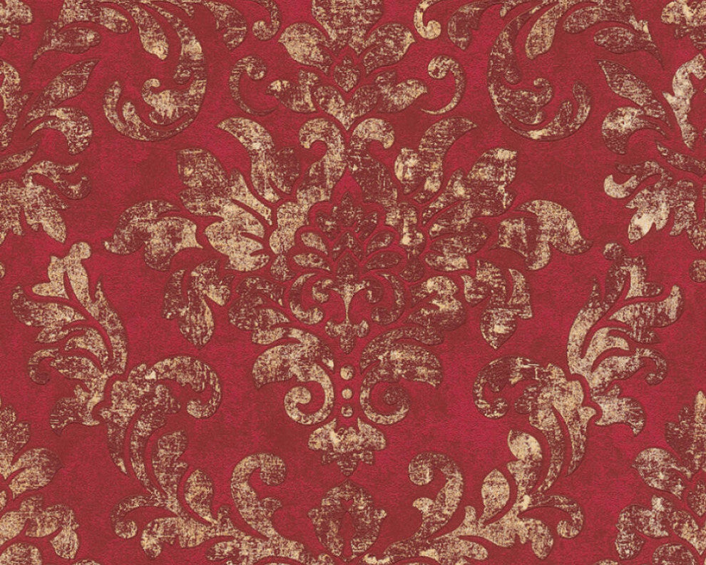 Damask Textured Wallpaper, Ornaments, 374131, Bordeaux Red Gold, 1 Roll